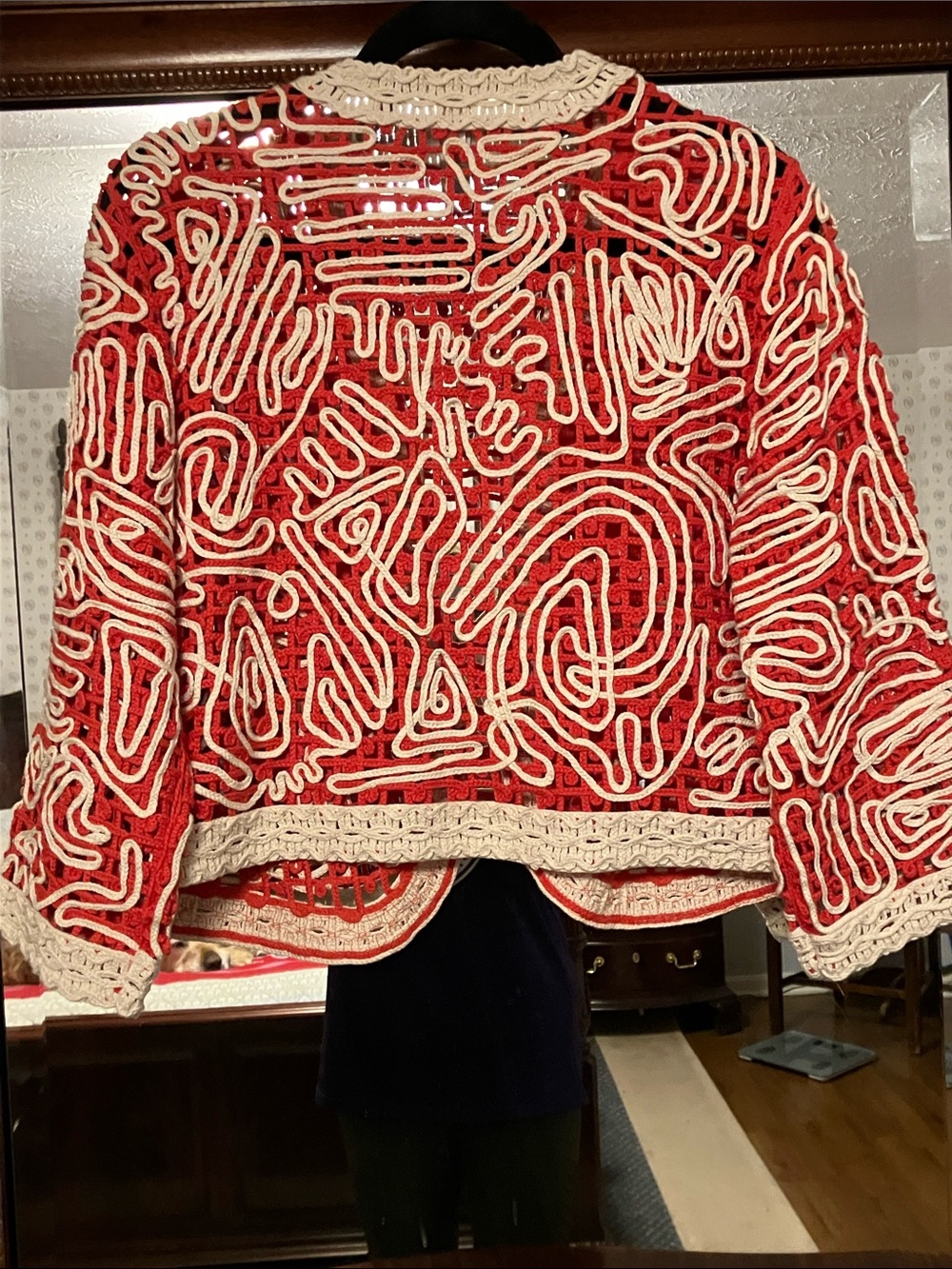 Chico's Red Crochet Open Cardigan with Cream Trim - Picture 5 of 5